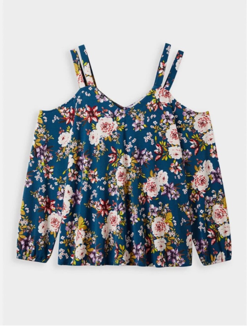 Torrid Blue Floral Cold Shoulder Top Plus Size Strappy V Neck Blouse
